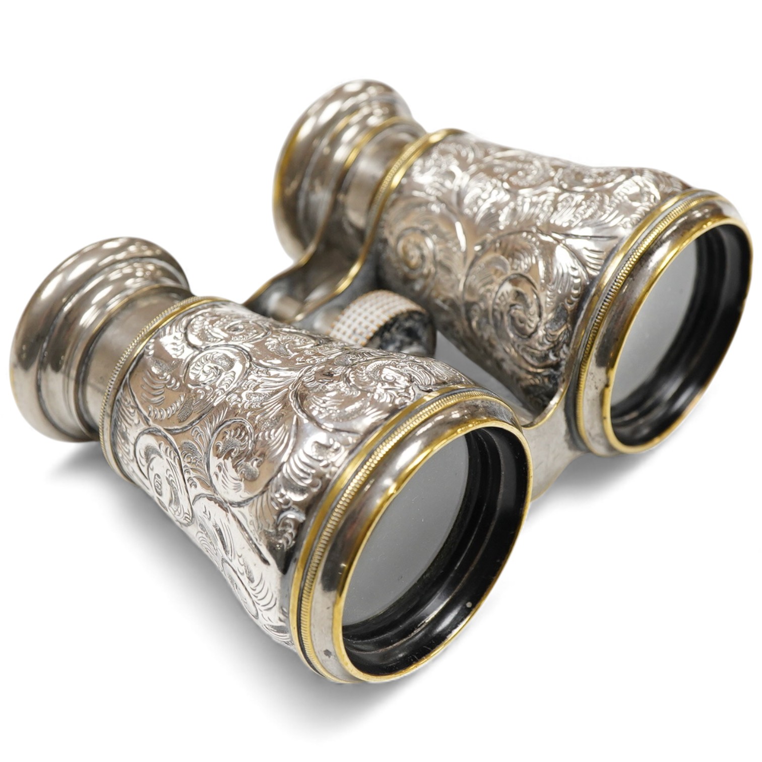 A pair of late Victorian repousse silver mounted plated brass opera glasses, Henry Charles Kelly, Birmingham, 1900, 8.8cm by 11.6cm.